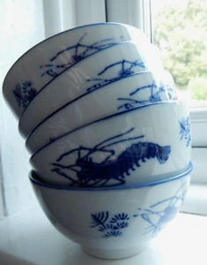 1 Vtg Rice Miso Bowl Chinese BLUE SHRIMP SEAWEED Ceramic Jingdezhen 11cm 3 LEFT - Picture 1 of 18