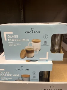 New CROFTON Glass Coffee Mugs with Lid, Clear Coffee Cups, Classical Set Of 2 - Picture 1 of 3