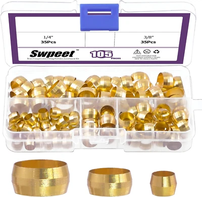 Swpeet 105 Pcs Tube OD 1/4'' 3/8'' 1/2'' Brass Compression Sleeves Ferrules, 3 S - Image 1 of 4