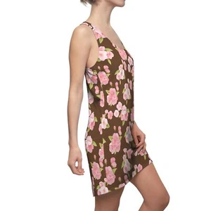 Brown and Pink Floral Flowers Women's Cut & Sew Racerback Dress - Picture 1 of 43