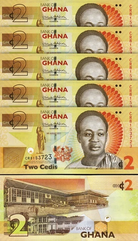 Ghana 2 Cedis 2017, UNC, 5 Pcs LOT, Consecutive, P-37Ae Cover