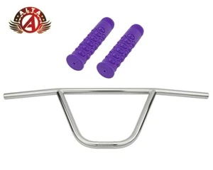 ALTA CW PRO Old School Classic Chrome Handlebar W/ 116mm SKULL BMX Style GRIPS. - Picture 1 of 11