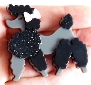 2 1/8" NWOT BLACK & GRAY POODLE DOG w/ GLITTER & BOW LAYERED ACRYLIC BROOCH PIN