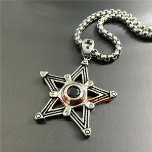 Men's Stainless Steel Wiccan Pentagram Black Onyx Stone Chain Necklace Pendant - Picture 1 of 17