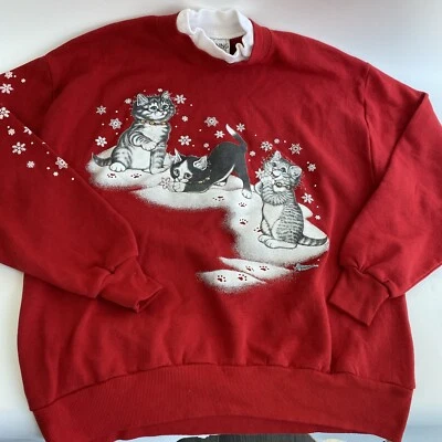 De colección Lindo Gatito Gatito En Nieve Navidad Rojo Grannycore Abuela Talla Grande Foto 1 de 4
