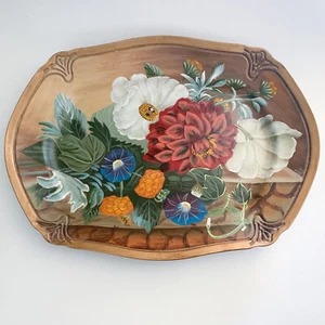 Hand Painted Plate Platter Floral Design Red Blue Flower Tole Trayware - Bild 1 von 6
