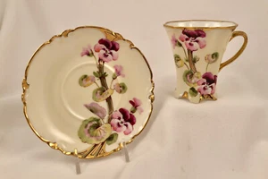 Haviland Limoges Chocolate Cup & Saucer, Hand Painted Geraniums, Nouveau - Picture 1 of 8