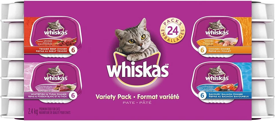 24 x Bandejas Whiskas Paté Pollo Cena Pollo, Salmón, Carne de Res, Atún Pescado Blanco Foto 1 de 1