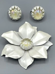 Retro Blume Brosche Anstecknadel Clip Ohrring Set irisierende Perle weiß groß - Bild 1 von 12