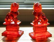 vintage PR Carved Chinese CHERRY AMBER FOO DOGS 7.5" Insect Inclusion Genuine