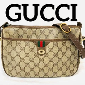 GUCCI GG Monogram Beige Shoulder Bag Web Line PVC Small Vintage USED 423A - Picture 1 of 7