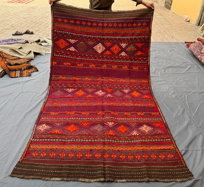 4x8 Afghan Kilim – Tribal Diamond Stripe Pattern in Red, Orange & Blue Nomadic. - Image 1 of 4