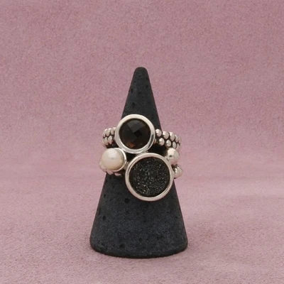 Anillo Michael Dawkins plata esterlina druzy cuarzo ahumado y perlas talla 6,5 Foto 1 de 3