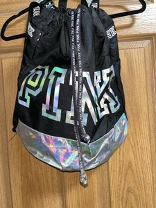 Victoria Secret PINK Cinch Top Duffle Bag Iridescent & Black Logo Backpack - Picture 1 of 10