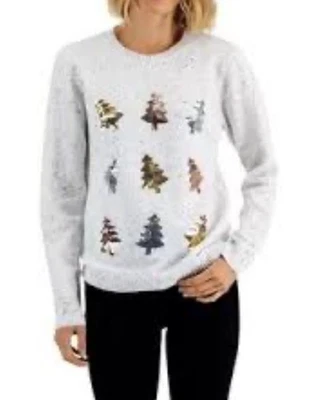 Karen Scott White Gold Silver Holiday Christmas Winter Sequin-Tree Sweater sz XL - Image 1 of 4