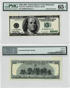 FOLD OVER ERROR 1996 $100 FEDERAL RESERVE NOTE , RICHMOND,PMG GEM UNC 65 EPQ - Picture 1 of 1