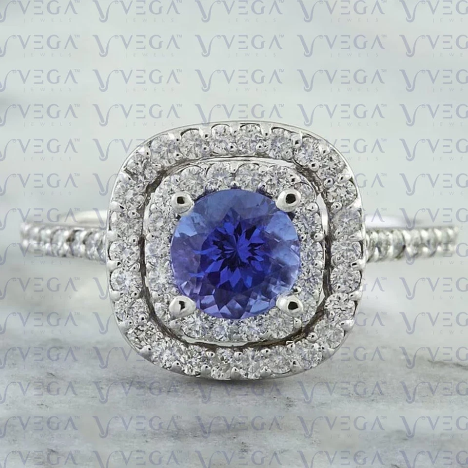 Anillo redondo de 4,50 quilates con doble halo de diamantes de tanzanita natural enchapado en platino 950PT Foto 1 de 4