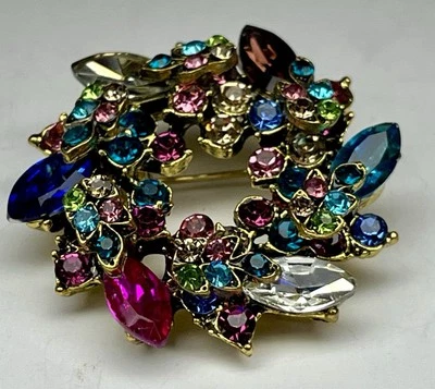 Wreath Colorful Rhinestone Brooch Pin Pink Blue Green Champagne GoldTone Jewelry - Image 1 of 4