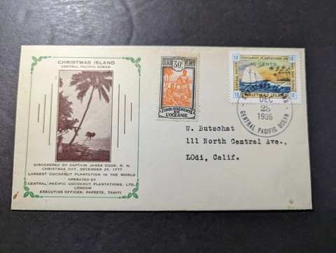 1936 Christmas Island Cover to Lodi CA USA French Territory Cover