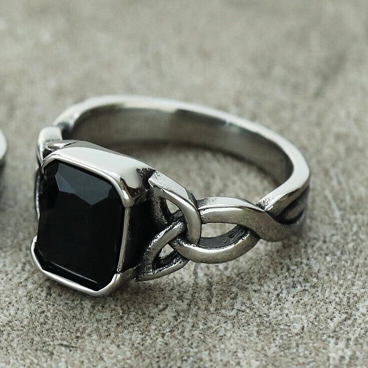 Anillo retro de boda vintage nudo celta piedra circonita negra acero inoxidable talla 7-13 Foto 1 de 3