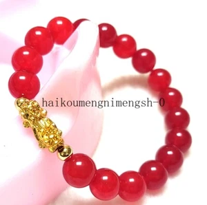 Real 24K Yellow Gold Pixiu Natural 10mm Red Jade Round Beads Bracelet 7.5" - Picture 1 of 7