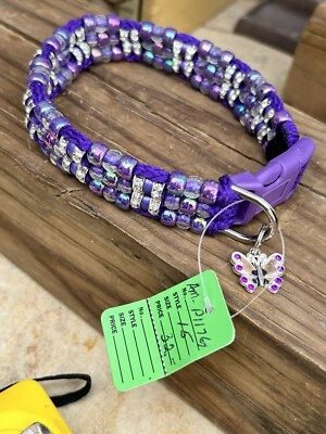 Новый сделанный на заказ ручной работы, 15-дюймовый собачий ошейник фиолетовый блеск блестящий с мотивом бабочки - Изображение 1 из 4