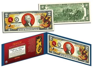 Chinese Zodiac YEAR OF THE DRAGON Colorized $2 Bill US Legal Tender Lucky Money - Picture 1 of 1