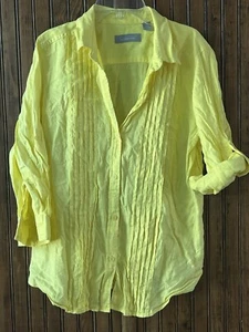 Camicetta donna Liz Claiborne giallo brillante 100% lino plissettata con bottoni taglia L - Foto 1 di 11
