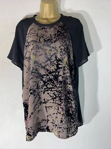 Womens Next Uk 16 Black Mix Short Sleeve Velour Pattern Front Sheer Back Blouse - Picture 1 of 4