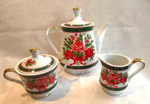 Weihnachten Kaffee Teekanne Milchkännchen Zucker Portion links Rosen Stechpalme 1990 rot grün gold - Bild 1 von 22