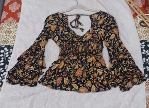 Blue Rain Lady Bell Sleeve Blouse with Smocked XSmall Fall Colors  - Picture 1 of 9