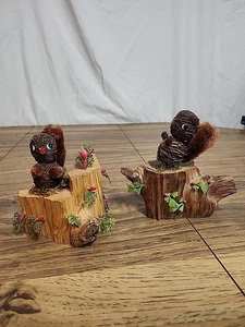 2 Vintage Squirrel Stump Log Nut Holiday Decor Statues - Picture 1 of 9