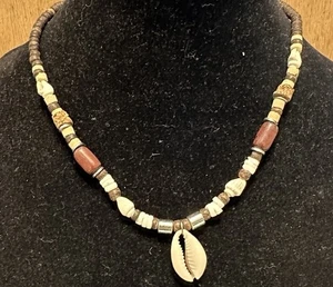 Cowrie Puka Shell Wood Natural  Necklace Barrel Clasp Boho Tropical Vacation - Picture 1 of 5