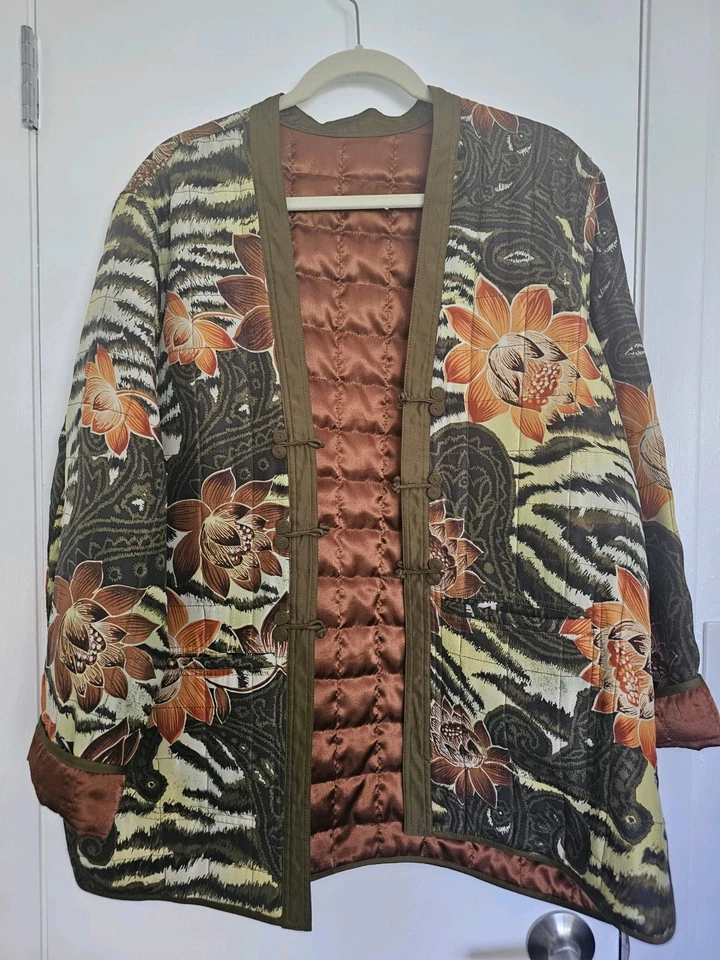 女式花卉图案丝绸和服式夹克 Xl — 第 1/4 张图片