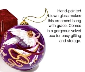 2014 Reverse HAND PAINTED Art GLASS 3.5” ORNAMENT Purple W/Gold Angels Avon NOS - Picture 1 of 2