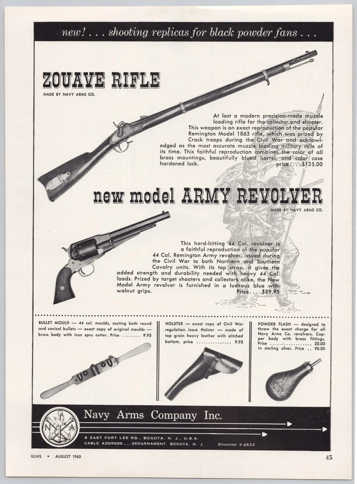 1960 NAVY ARMS Black Powder Zouave rifle Army revolver Vintage Print Ad - Image 1 of 1