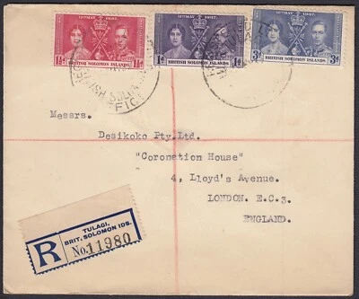 BRITISH SOLOMON ISLANDS 1937 Coronation, Set of 3 on Registered FDC’s - Image 1 of 2