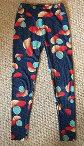 LuLaRoe Womens LLR OS Leggings Blue Shell Fan Flower Print Multi Color Vintage - Picture 1 of 9