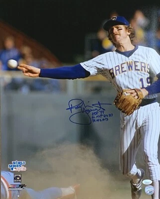 Robin Yount "HOF 99, AL MVP 82,89, 3142” Milwaukee Brewers Autographed 16x20 JSA - Image 1 of 2