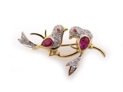Broche prendedor enchapado en oro amarillo de 14 quilates corte pera simulado rubí rosa pájaros Foto 1 de 2
