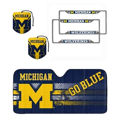 NEW NCAA MICHIGAN WOLVERINES SUNSHADE & 2 AIR FRESHENER & 2 LICENSE PLATE FRAMES - Image 1 of 4