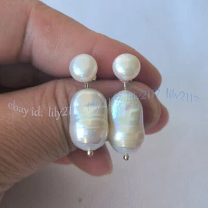 Natural White Freshwater Baroque Pearl Double Pearl Dangle Silver Stud Earrings - Picture 1 of 6