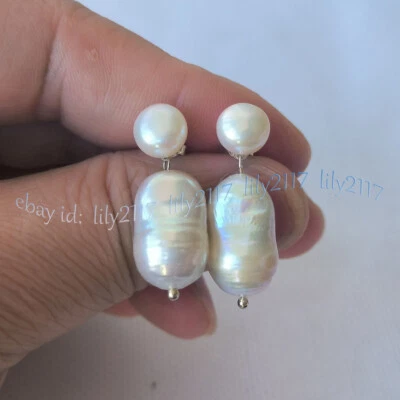 Natural White Freshwater Baroque Pearl Double Pearl Dangle Silver Stud Earrings - Image 1 of 4