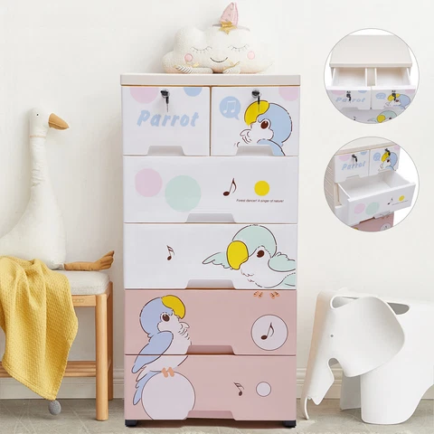 Rolling Parrot Plastic Dresser Storage Cabinet 5 Layers & 6 Drawer w/ Lock Cover