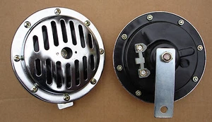 Classic Car Truck Chrome Slotted Grill Steel Horn High Low Notes Pair 12 Volt - Picture 1 of 4