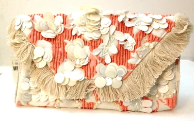 NWT Anthropologie Celia Clutch Coral Beaded Sequins Fringe Hand Crafted Floral  - Image 1 of 4