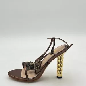FSJ Women Gold Metal Chain Thick High Heel Sandals Open Toe Strappy Ankle Buckle - Picture 1 of 6