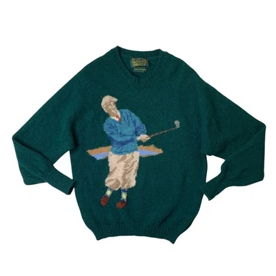 Vintage Peter Scott Pullover Herren M Medium Grün Wollpullover Golfer Grafik Strick - Bild 1 von 4