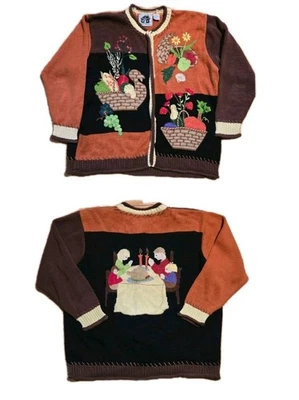 Storybook Knits Vintage Embellished Thanksgiving Sweater 1X Fruits Table Button  - Image 1 of 4