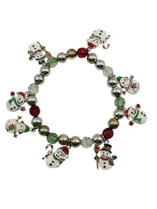 Christmas Stretch Snowman White Plastic Ball Charm Bracelet Silver Tone 3” - Picture 1 of 7
